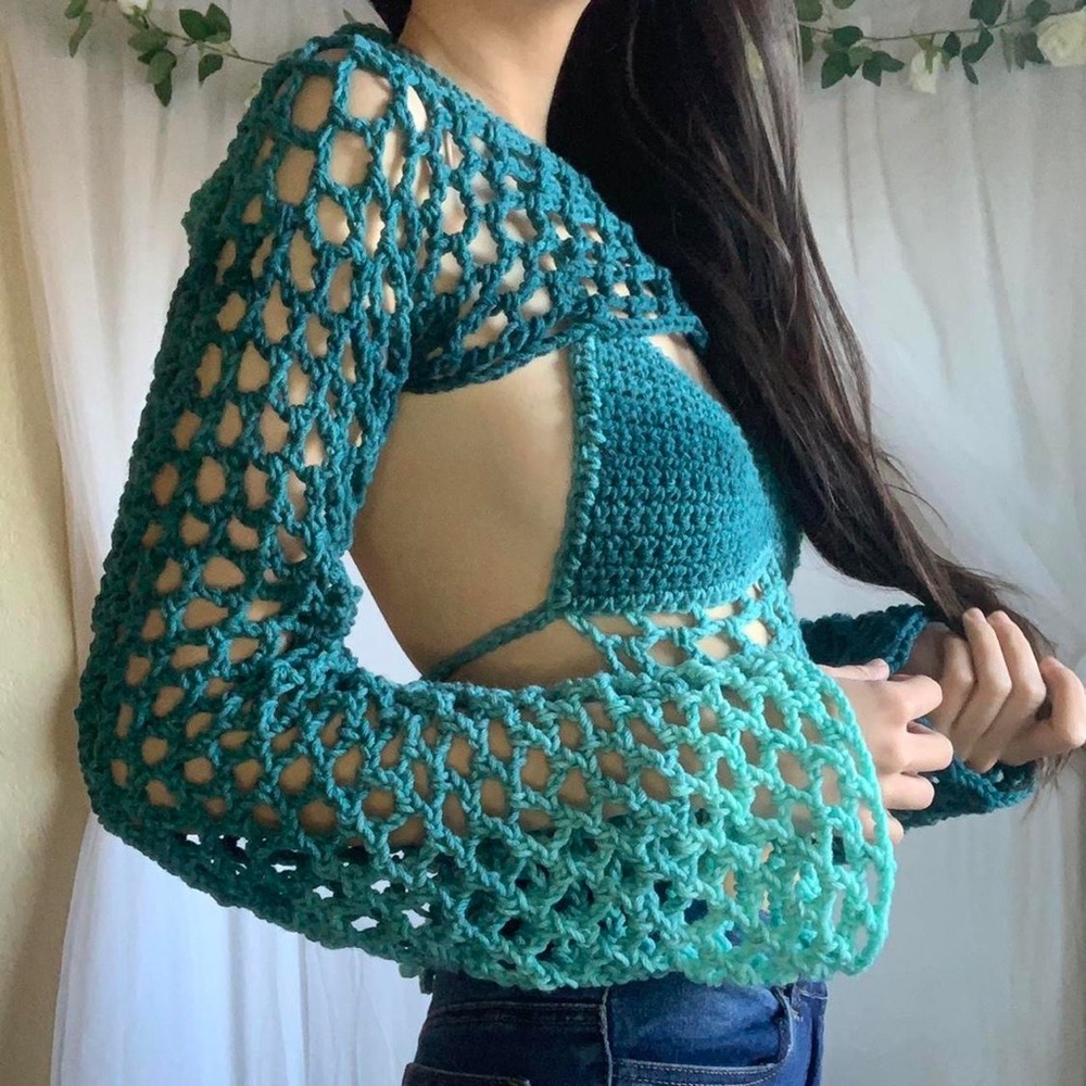 Ombré teal sweater bolero sleeves - Picture 3 of 4